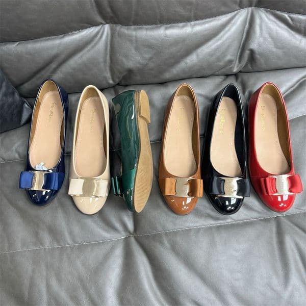 Designer Shoes Bow Flat Bottom Spring and Summer New Versatile Shallow Mouth Round Toe Patent Leather Women's Shoes Eternal LOVE Girlfriend Daughter Gift Size 37-42
