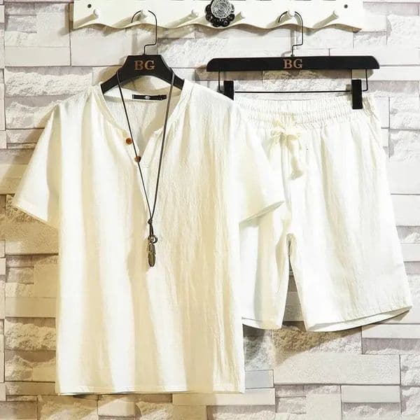 Male Large Size Thin Set Cotton Linen Short-sleeved Shorts Suit Men Solid Color Trend Linen Leisure Sports Two-piece Summer 260402
