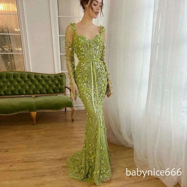 Fashion Lime Green Evening Formal Dress Scoop Long Sheer Sleeves 3D Floral Lace Beads Prom Pageant Party Gowns Robe De Soiree