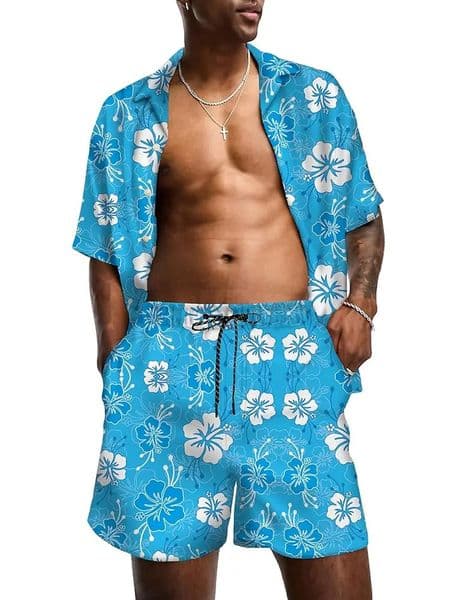 KYKU Mens Hawaiian Shirt and Short Set - Summer Short Sleeve Button Down Beach Shirts Tropical Vacation 2 Piece Outfits 260402