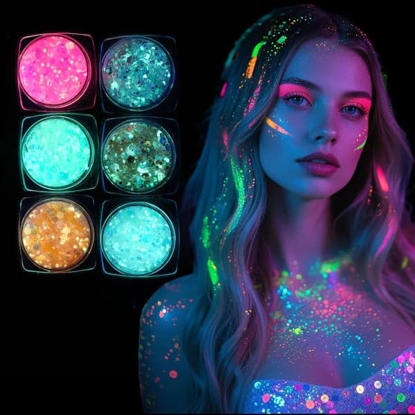 6pcs Glow in The Dark Glitter Gel WaterBased Chunky for Mardi Gras Christmas Carnival Rave Festival Outfits 260325