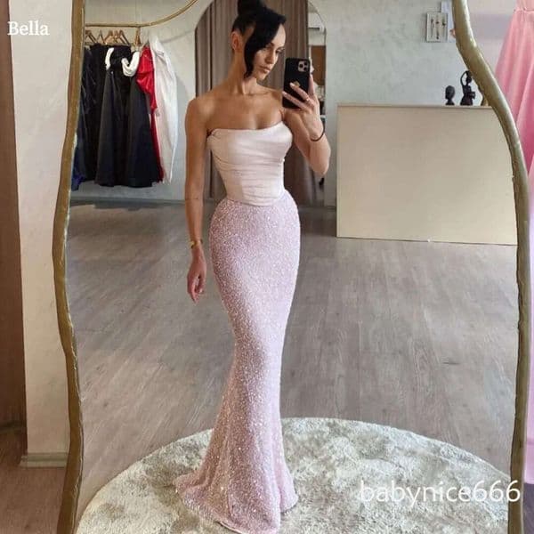 Elegant Pink Prom Party Dress 2026 Strapless Sleeveless Pleats Satin Sequins Evening Birthday Formal Gowns Pageant Dresses Robe De Soiree