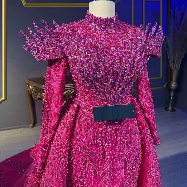Luxury Hot Pink Mermaid Evening with Detachable Train Arabic Dubai Prom Crystal Beaded Formal Party Dress Customized