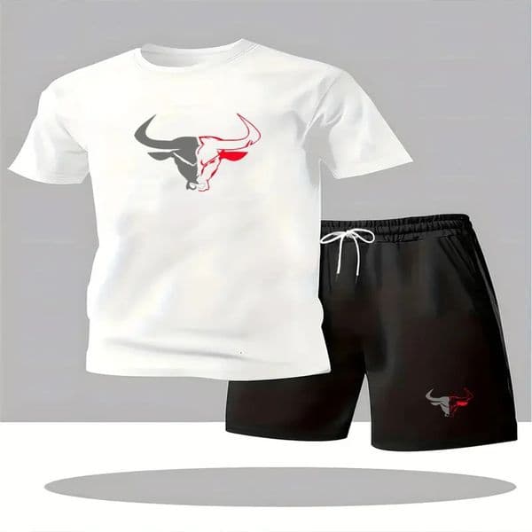 Fashionable summer mens round neck short sleeved Tshirt and shorts twopiece outdoor casual sports set 260320