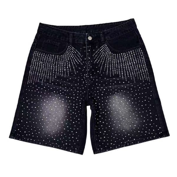 Men's Shorts Washed Ripped Denim Trendy Brand Style With Rhinestone Embellishments Unique Design Straight Cut Knee-Length Shorts Men's Clothing