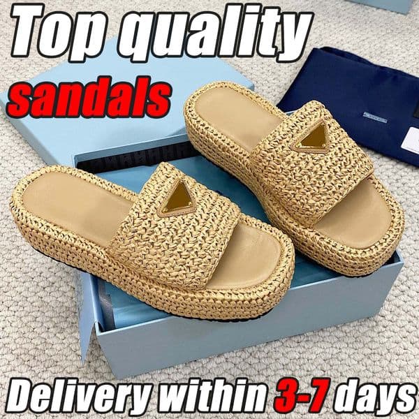 2026 hot designer sandals slippers classic summer beach sandals Lafite grass woven slippers women's top quality sandals serrated Roman thick soled slippers