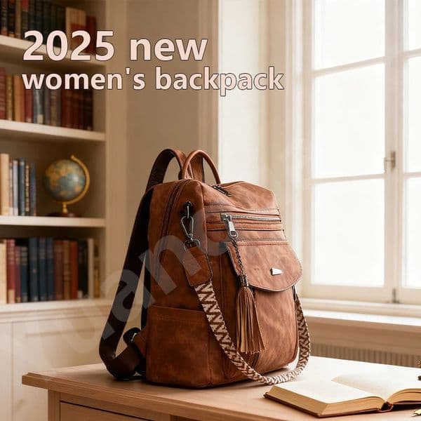 2025 Womens PU Leather Backpack Waterproof Anti-theft Large Capacity Tassel Detail Retro Travel Business College Shoulder Bag260324