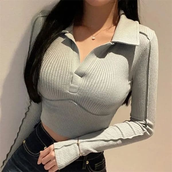 Polo Neck T Shirt for Women Coquette Clothes Sexy Woman Tshirt Plain Long Slve Youthful Elegant Youth Clothing Sales On Offer 250828 L260505