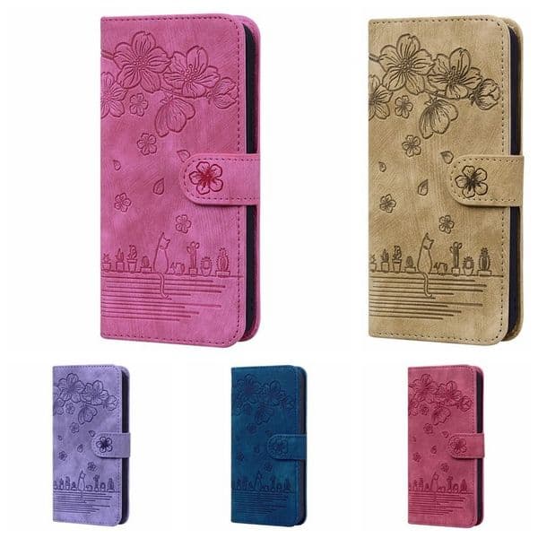 17E Fashion Sakura Cherry Blossoms Flower Leather Wallet Cases For Iphone 17 Air 16E 16 15 14 13 Pro MAX 12 11 XR X 8 Plus Retro Print Cat Holder Flip Cover Card Slot Pouch
