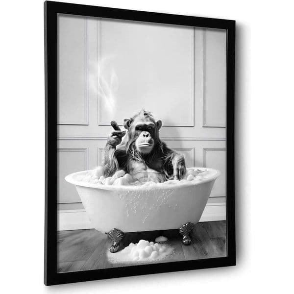 Framed Chimpanzee in Bathtub, Black and White Art, Funny Bathroom Wall Signs, Cute Animal Art Home Decor Framed,8''x10''