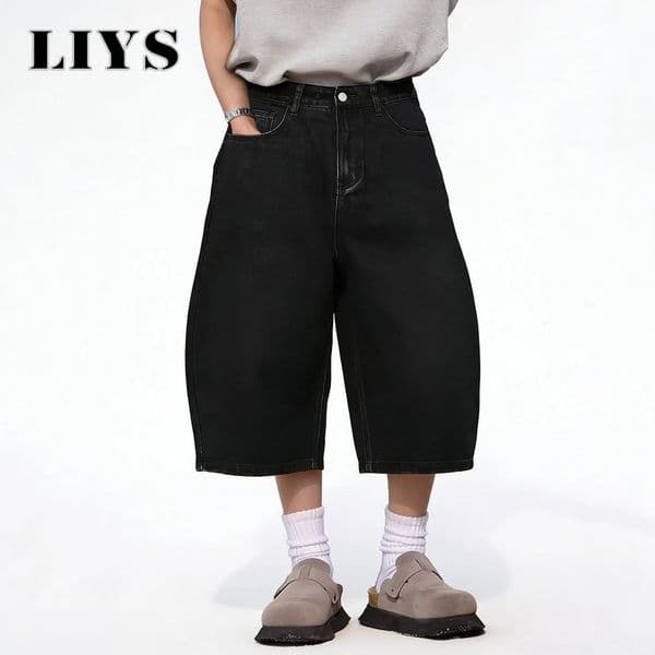 LIYS Summer American Style Retro Black Ultra Baggy Machete Wide Leg Denim Shorts Fashion Mens Womens Daily Jeans Capris Jeans 260402