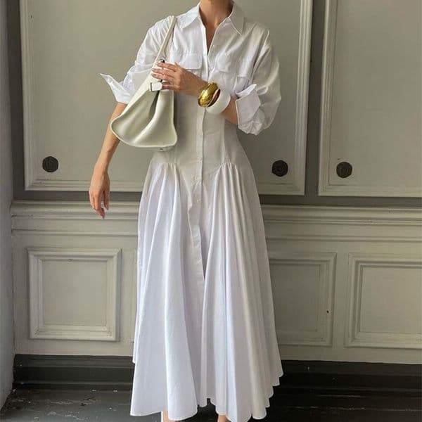 Oymimi Elegant White Lapel Womens Dress Fashion Three Quarter Sleeve Pockets Dresses Casual Button Pleated Ankle-Length Dresses260317wwBJ
