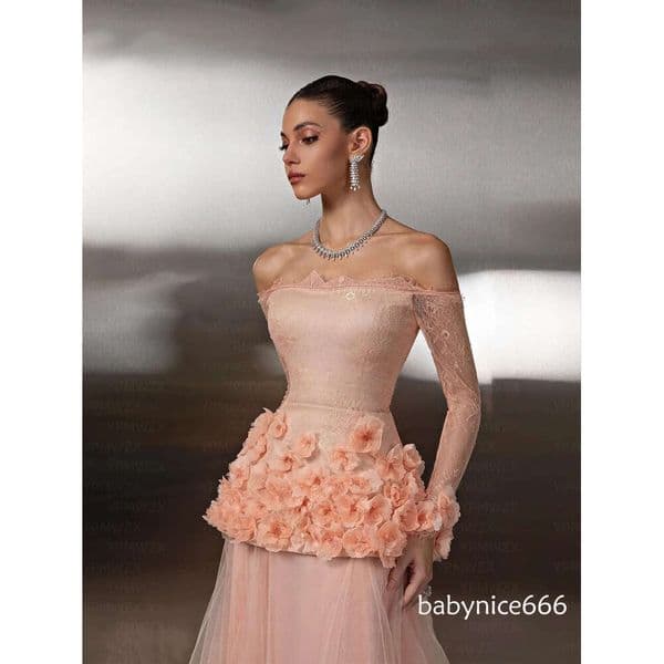 Attractive Pink Lace Prom Party Dress 2026 Off the Shoudler 3D Flowers Tulle Two Pieces A-Line Long Sleeves Birthday Formal Gowns Communion Robe De Soiree