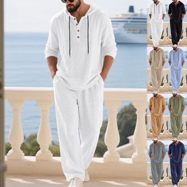 Spring Summer Linen Mens Casual Suit Loose Hooded Henley Long Sleeve Long Pants Set Solid Color Fashion Casual 260402BJ