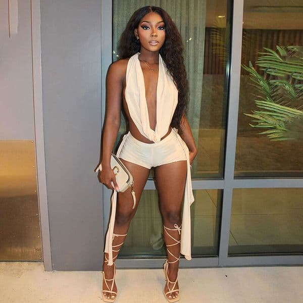 Amazon's best-selling women's clothing in Europe America: Sexy halter neck sleeveless backless top and tight-fitting ribbon shorts set