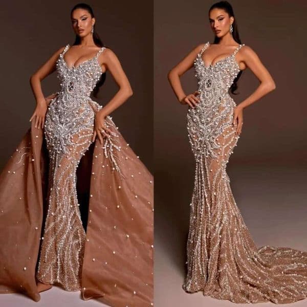 Luxury Pearls Crystals Mermaid Evening Dresses with Detachable Train Beaded Spaghetti Straps V Neck Women Special Occasion Robe De Soiree