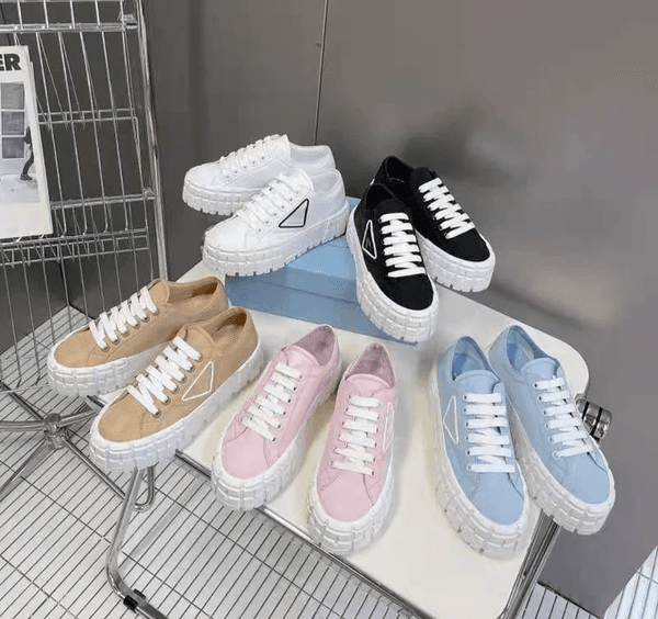 P Designer Shoes Women's Fashion Platform Canvas Sneakers, Triangle Logo Lace-Up Thick Sole Height Increasing Casual Trainers, Breathable Flat Sneakers Gift