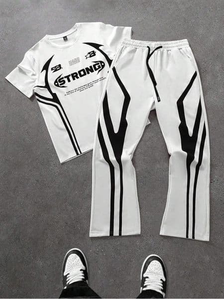 Mens Trendy Two Piece Fashion Hip Hop STRONG Letter Printed Crew Neck T-Shirt and Trousers Set Hip Hop Wear Mens Clothing 260402