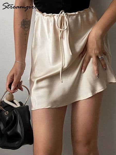 Satin Mini Skirts Women Summer Beige Silk Short Skirt For Woman Drawstring High Waist Black A Line 260403