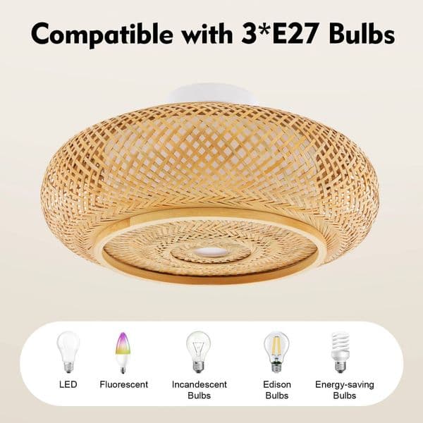 Asian Rustic Bamboo Flush Mount 3-Lamp Antique Rattan Ceiling Light Weaving Lantern Lighting Fixture E27 220V