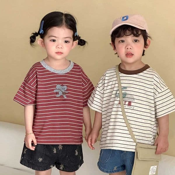 2026 Kids Summer Casual Striped T-shirt Cartoon Elephant Top for Girls Boys Contrast O-Neck Loose ClothingT260403