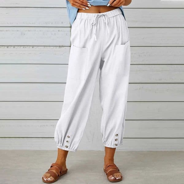 Cotton and linen womens summer pants high waisted elastic casual pants street wear solid color womens clothes 2025 loose aT260403