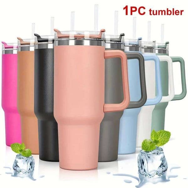 1Pc Insulated Reusable Double Wall Tumbler with Handle and Straw Lid, Stainless Steel Water Bottle, Travel Mug, 40 OZ 26Y0403