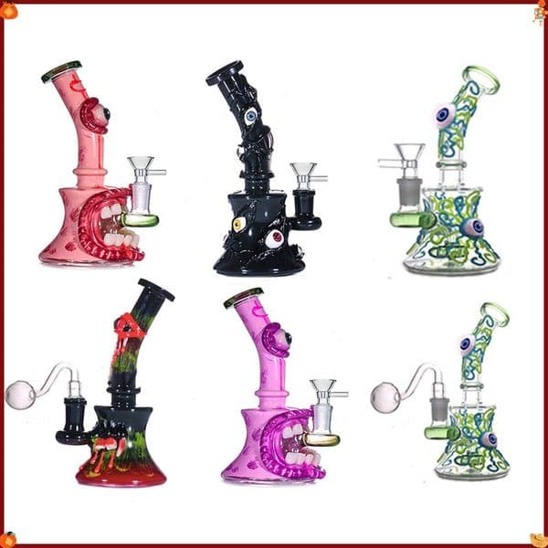 3D Halloween Hookahs Unique Heady Glass OIl burner Bongs Showerhead Perc Octopus Eye Teeth Thick Heady Small Mini Water Tobacco Pipes With Smoking Bowl
