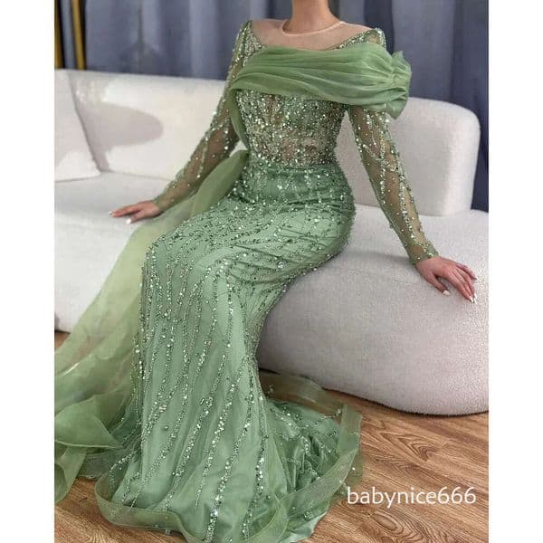 Luxury Olive Green Mermaid Prom Dresses 2026 Overskirt Sparkly Beaded Sequins Evening Formal Gala Gowns Robe De Soiree Vestidos de noche