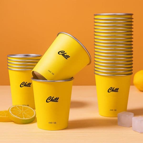 7oz Disposable Paper Cups, Yellow "Chill" Design Thickened Food Grade Paper Cups for Hot Cold Drinks, Party Home Office Use