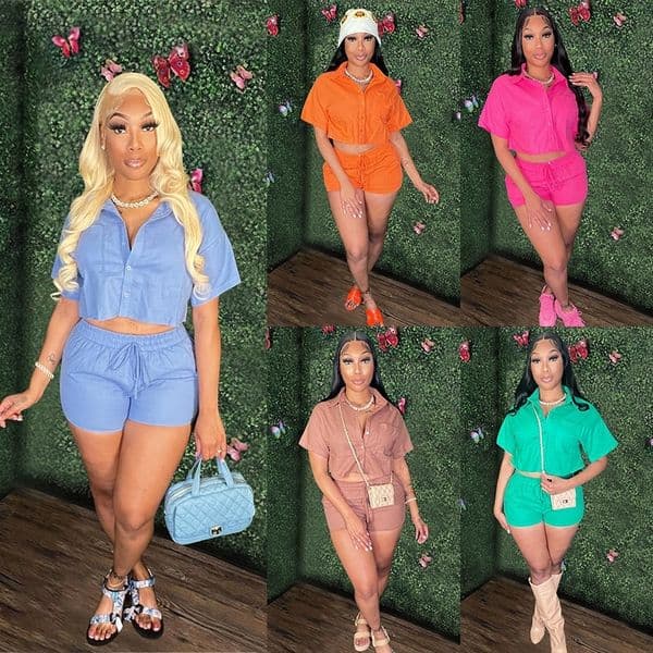 Womens Tracksuits Short Slve Shirt And Shorts Two Piece Set Elastic Pocket Summer New Arrival OutfitsW260422