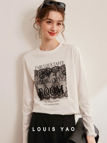 LOUIS YAO Womens T-Shirts 2025 Letter Printed T-Shirts Casual Round Neck Lace Splicing Top Womens Long Sleeve S 260403BJ