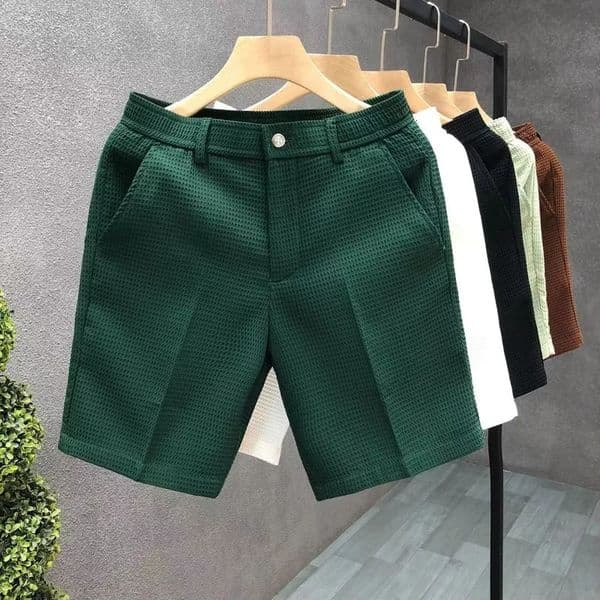 Mens Shorts Plaid Texture Solid Straight-leg Business Social Elastic Waist Button Short Pants Loose Knee Length Casual Short 260402