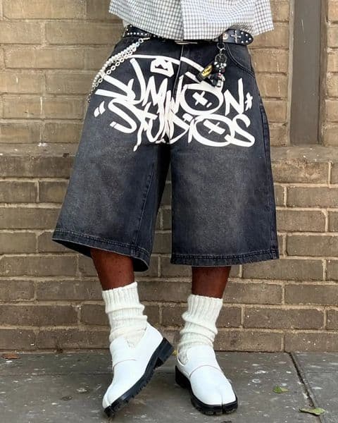 Denim Jort Front Graffiti Graphic Print Street Style Oversized Distressed Cotton Blend Vintage Unisex Shorts Summer Casual Fit 260331
