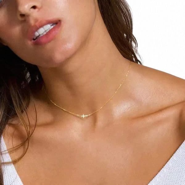 minimalist 18K Gold Plated Tiny Chain Cross Necklace Jewelry Dainty Women Stainless Steel Sideways Cross Pendant Necklace 83dA#