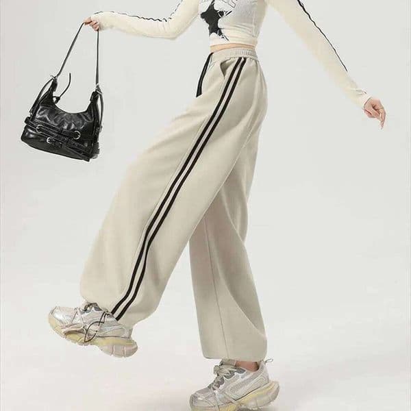 Women Stripe Chic Straight Pant Spring Retro Sports High Waist Color Blocked Trouseres Lady Casual Streetwear Casual Pants Straight Leg Pants