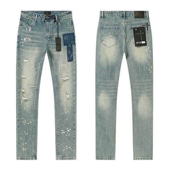 RTA Mens Slim Fit Paint Graffiti Damaged Destroyed Hole Skinny Denim long Trouser Jeans Pants Streetwear 260330