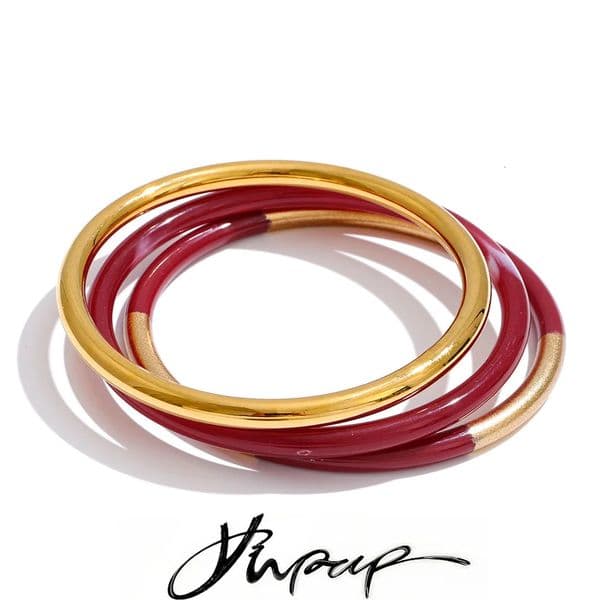 Yhpup 1Set 65mm 3 Round Circle Resin Overlay Minimalist Bracelet Bangle Set Gold Plated Stainless Steel Wrist Trend Jewelry 260427
