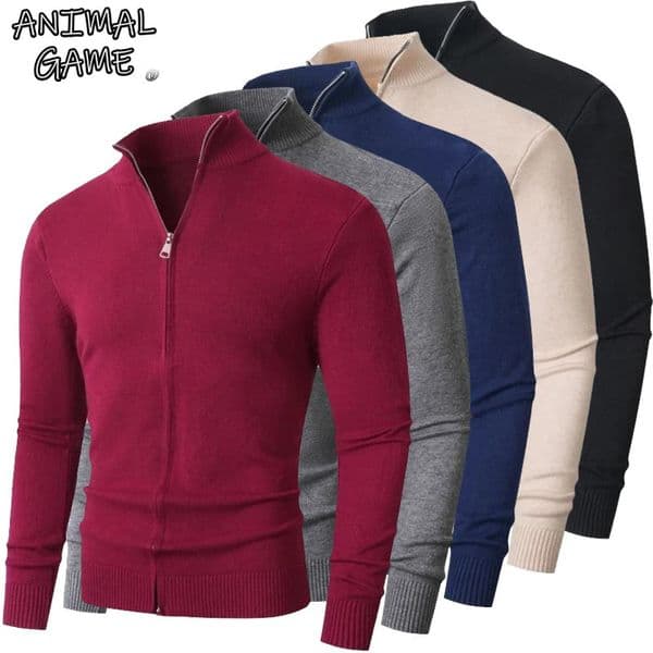 Animal Game Mens Zipper Cardigan Jackets Casual Woolen Sweater Turtleneck Knitwear Warm Jumper Cold Blouse Outdoor Sweatcoats 260403BJ