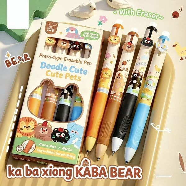 4-piece set Perfect Gift: Durable Retractable Erase-Able Gel Pens Packaged with Fun Themes