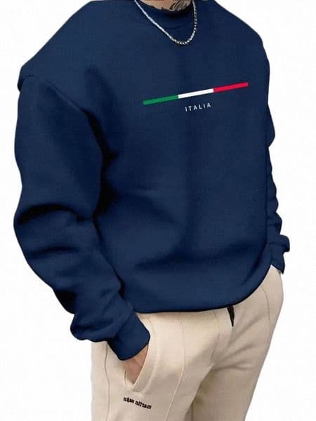 men's Hoodies Autumn And Winter Casual Loose Fashion Classic ITALIA Letter Pattern Printed Long Sleeved Round Neck Sweatshirt 92PY#