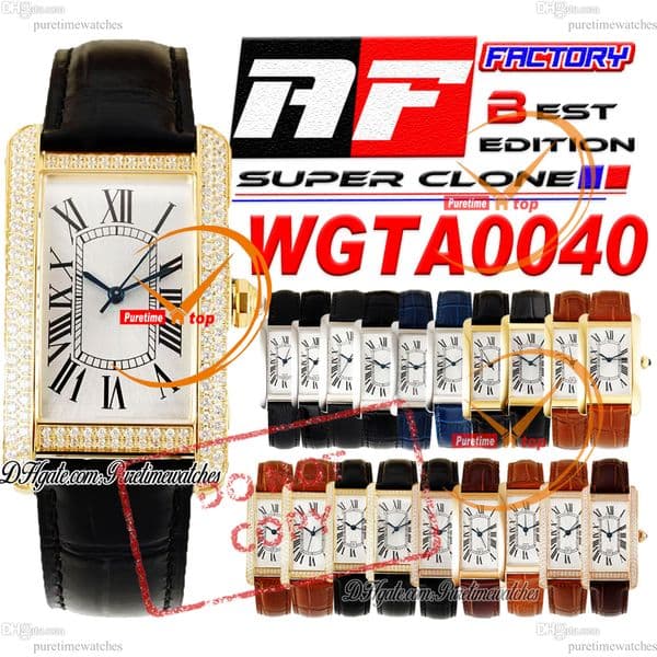 Americaine Medium Model 22mm Swiss Quartz Womens Watch AF Diamonds Bezel Yellow Gold White Roman Dial Black Leather Strap Ladies Puretimewatches GTA0040