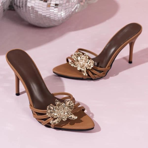 Elegant Gold Metal Flower Stiletto Mule Slide Woman High Heel Narrow Band Pumps Ladies Evening Party Shoes 260402