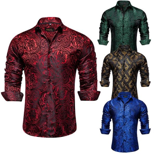 Mens Long Sleeve Shirts Red Green Blue Paisley Wedding Prom Party Casual Social Blouse Slim Fit Men Clothing 260331
