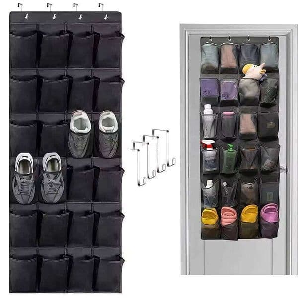 Door-mounted Storage Multi-Tier Organizer 24-Compartment Large Mesh Bags Hanging Shoe Rack with Hooks