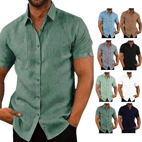 Summer Cotton Linen Shirts for Men Casual Short Sleeved Shirts Blouses Solid Turn-Down Collar Formal Beach Shirts Male Clothing 260402