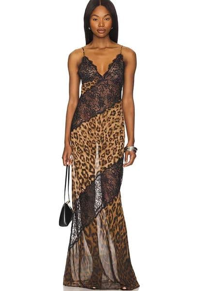 JULISSA MO Patchwork Sexy See Through Lace Print Leopard Maxi Dress For Women Spaghetti Strap V-neck Elegant Party Evening Dress 260403
