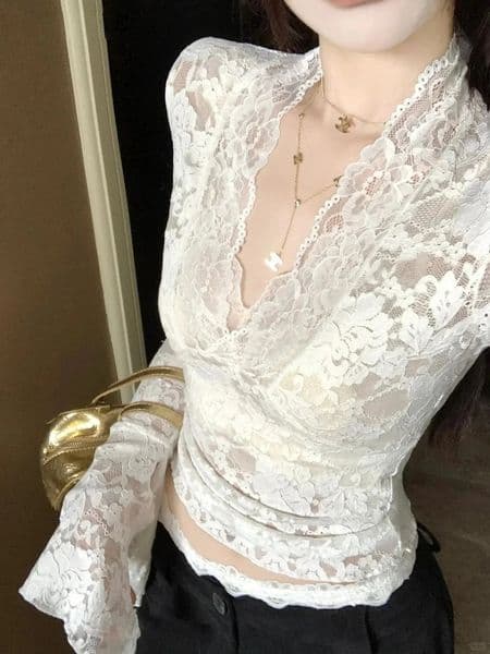 Sexy V-Neck Sheer T-Shirts Fashion Women Flare Long Sleeve Spring Lace Slim Pullovers Tops Casual Evening Party Club Chic Tees 260403BJ