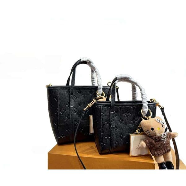 High end luxurious black embossed vegetable basket tote bag with ample capacity for daily outings Can be carried or slung Perfect for commuting and shopping