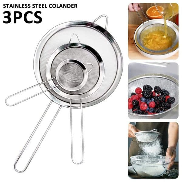 3pcs Stainless Steel Fine Mesh Food Strainer Sifter For Baking With Handle Flour Sieve Sifter Juice Soy Milk Baking Kitchen Tool 260403